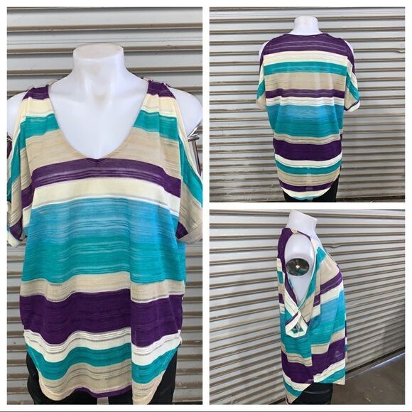 Lush striped cold shoulder shirt sleeve sweater - Picture 1 of 8
